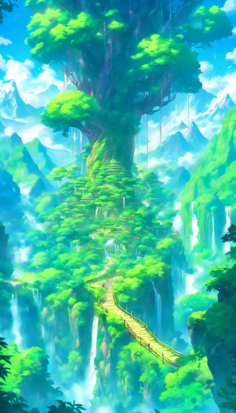 (masterpiece, best quality), gaia, anthropomorphic mother earth, epic, massive, roaming the magical rainforest, lush vegetations, mountain range, natural lighting