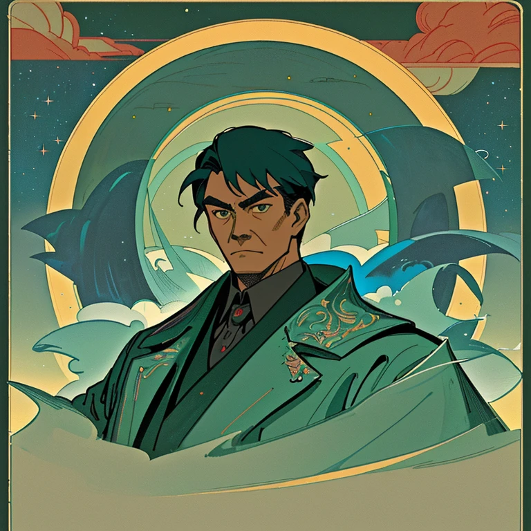 (masterpiece), (best quality), (better detail), (worn paper borders), (main color of illustration: cobalt green), (secondary color: saturated teal), vintage poster of a serious Asian man with Soviet-style lettering (very detailed face) with cheerful posture),western futuristic scene, at night (sky with many stars), clean, busy environment, shading (detailed, lots of contrast)