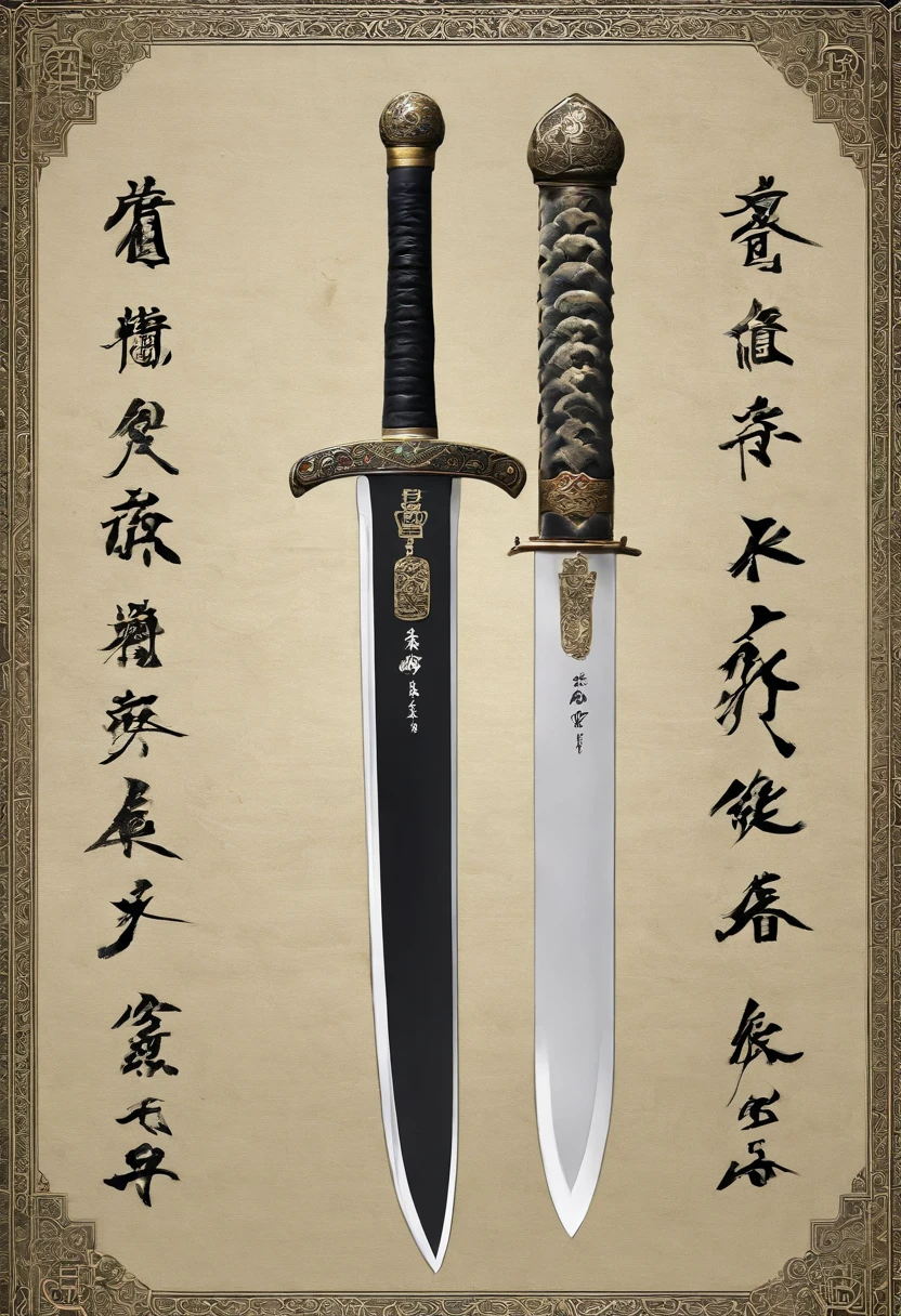 (Masterpiece, High Quality, HD, Detail: 1.2) A sword named Xuanyuan. Blade: The blade of the Xuanyuan Sword is a deep black color with a faint glow. The body of the sword is engraved with ancient runes and patterns that exude mystical powers. The overall blade of the sword presents a streamlined design, with a razor-sharp blade that can easily cut through any object.
 Hilt: The hilt of the Xuanyuan Sword is made of a precious material, possibly gold or jade. The hilt of the sword is inlaid with various gemstones, such as rubies, sapphires, and jadeite, which give off a dazzling light. At the end of the hilt of the sword is a delicate dragon head with a dragon's eye that shimmers with wisdom, as if able to see through everything.
Scabbard: The scabbard of the Xuanyuan Sword is also made of precious materials, possibly ivory or obsidian. The scabbard is carved with delicate patterns and patterns, such as dragon patterns, phoenix patterns, and mythical animal patterns, which are full of mystery. The inside of the scabbard is inlaid with soft silk to protect the blade from damage.
Sword Aura: The Xuanyuan Sword exudes a powerful sword aura that can deter enemies and make them fearful. The color of the sword qi may be dark blue or purple, giving it a mysterious and majestic feeling.
Sword Light: When the Xuanyuan Sword is wielded, a brilliant light will emanate from the sword, which can illuminate the darkness and dispel evil. The color of the sword light may be gold or white, giving people a sense of sacredness and solemnity.