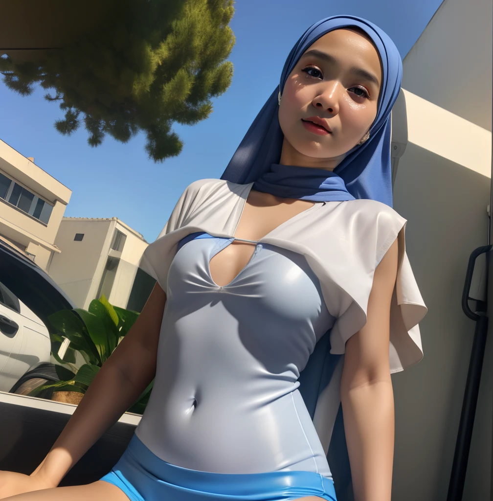 HIJAB MALAY GIRL, masutepiece, High quality, UHD 32K, Realistic face, Realistic skin feeling , A Japanese Lady, 8 , Little Gite and baby-like face, Women's Competition One-Piece Swimsuit, Sitting, itting open legs, Spread Leg, (((facials))), (((Sadness))), (((flat chest))),