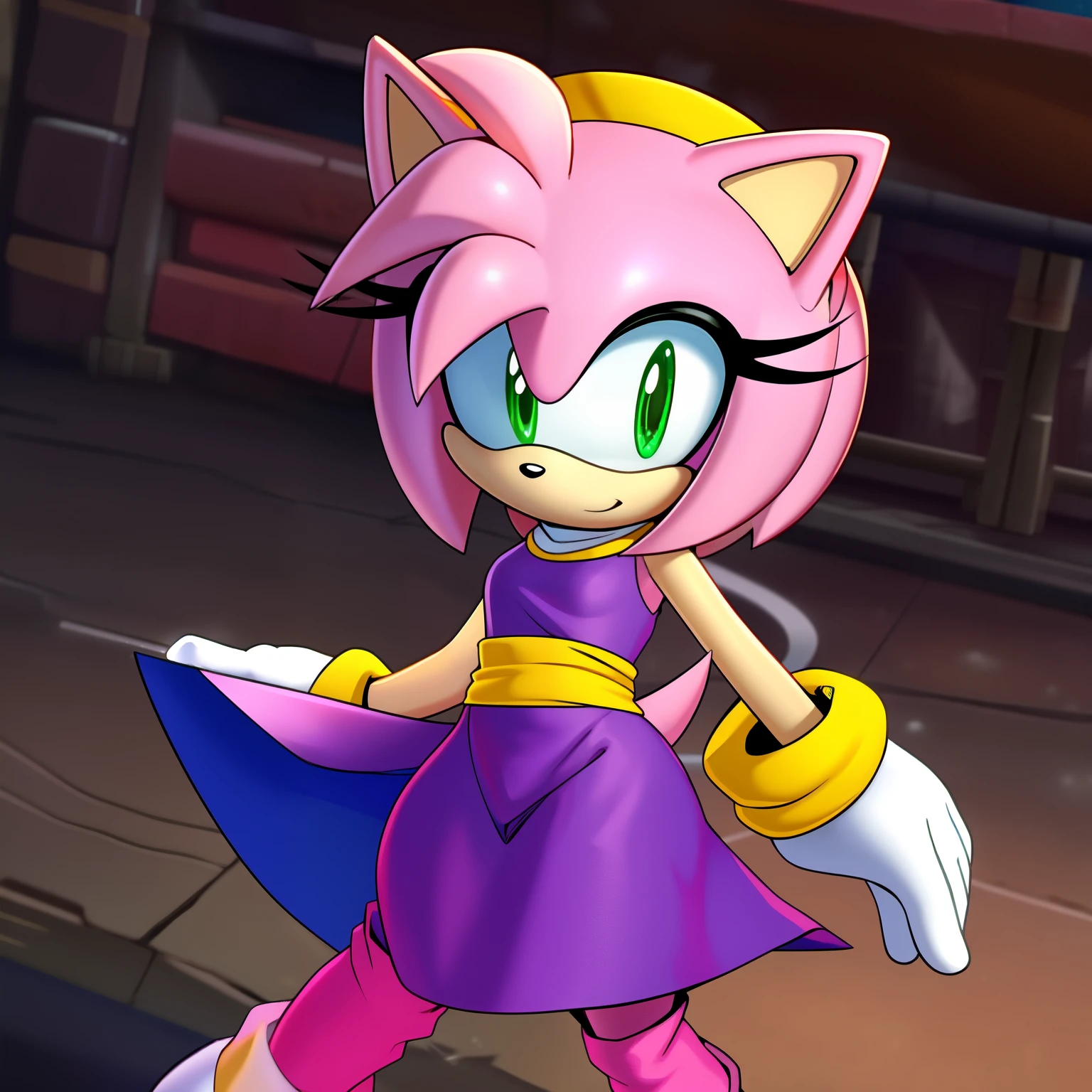 Amy Rose dressed as Chi-Chi, purple dress that has an orange cloth tied on the top and a yellow sash