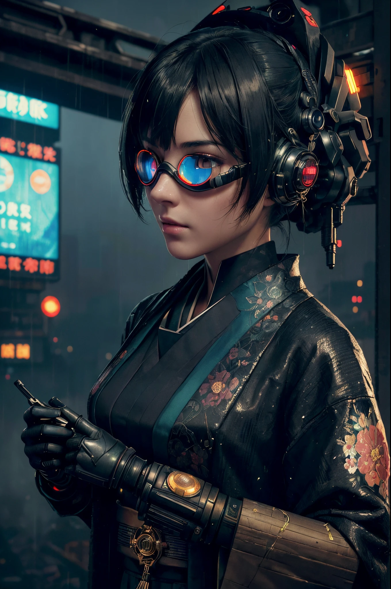 ((Best Quality)), ((Masterpiece)), (Very Detailed: 1.3), 3D, (Dark: 1.3), (Fog: 1.2), Cyberpunk City, Beautiful Cyberpunk Woman 1girl, (Science Fiction: 1.3), (((Taisho Roman)), Shining Goggle Monitor, Nematic Light, Face Focus, Mechanical Gloves, Dense Floral Textiles, Rain,