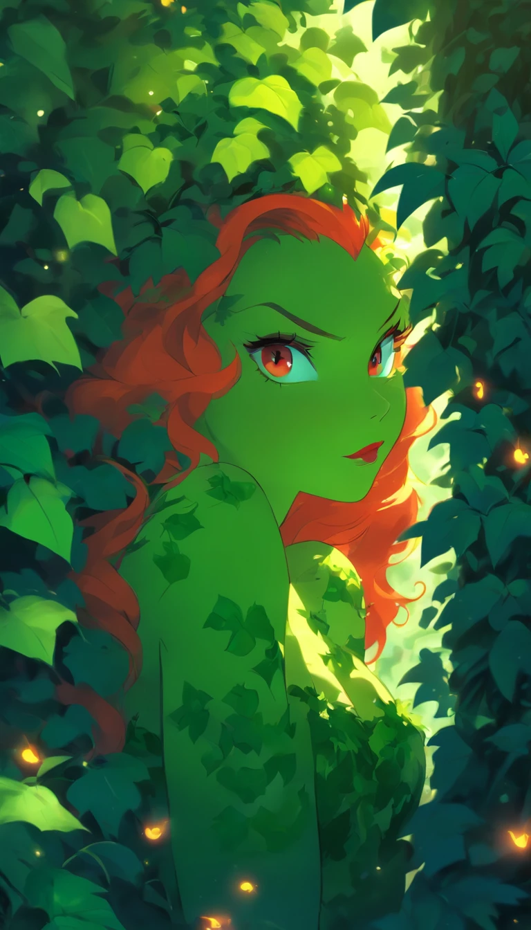 (masterpiece, best quality), 1 girl, poison ivy, alluring, creeping along the bushes, mischievous, lush vegetations, natural lighting