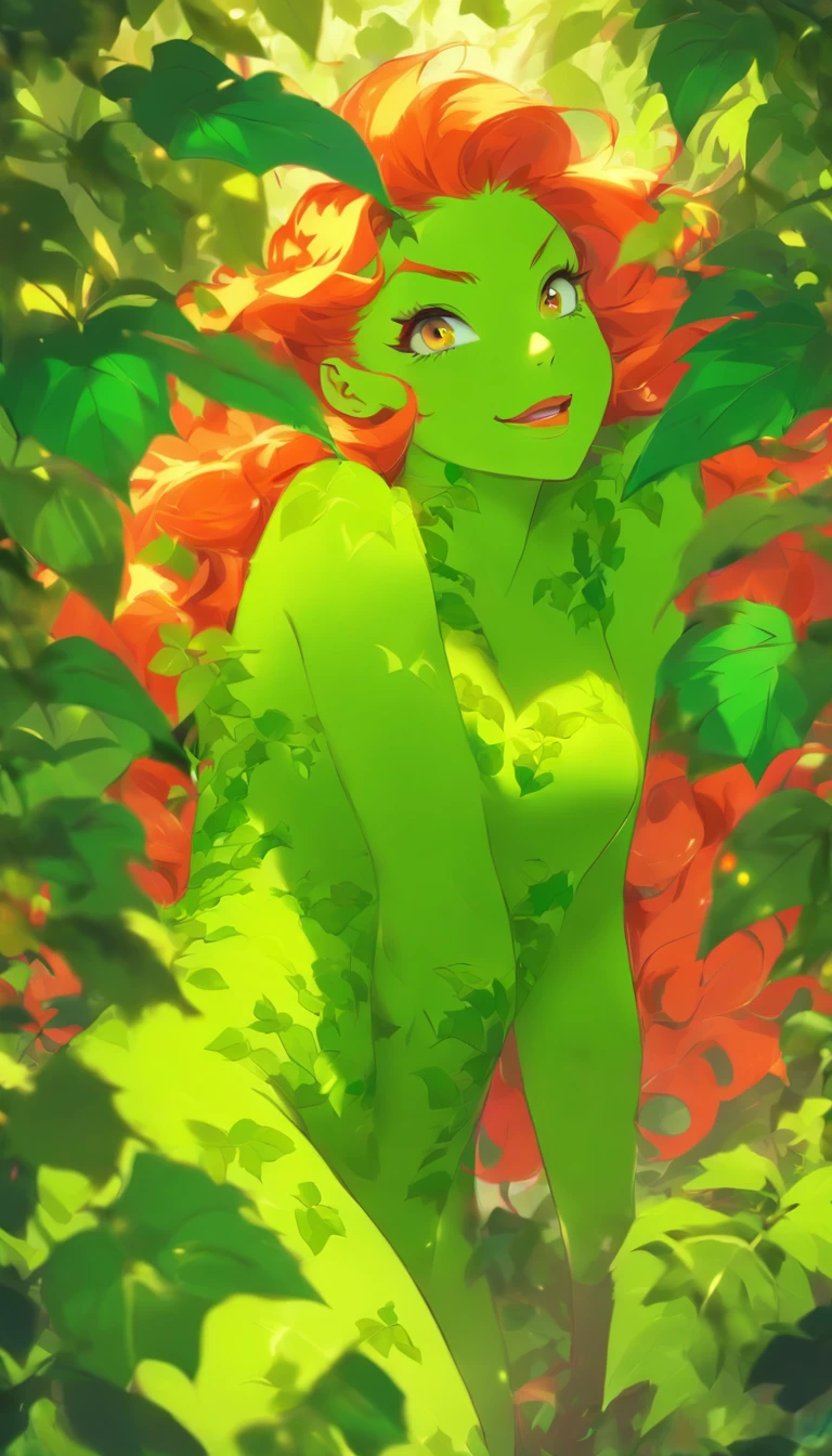 (masterpiece, best quality), 1 girl, poison ivy, alluring, creeping along the bushes, mischievous, lush vegetations, natural lighting