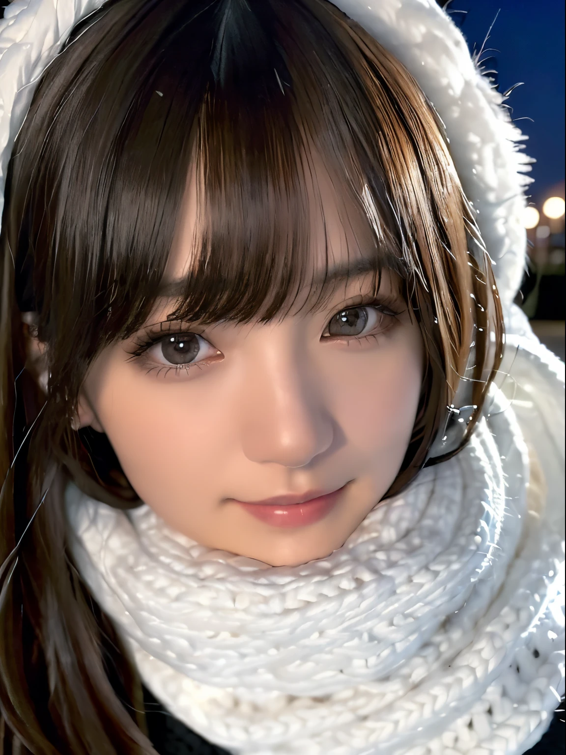 1 japanese girl,(Black sweater:1.4),(She wears a knitted snood around her neck to hide her chin........:1.5), (Raw photo, Best Quality), (Realistic, Photorealsitic:1.4), masutepiece, extremely delicate and beautiful, Extremely detailed, 8k wallpaper, amazing, finely detail, extremely detailed CG Unity, hight resolution, Soft light, Beautiful detailed 19 year old, extremely detailed eye and face, beautiful detailed nose, Beautiful detailed eyes,Cinematic lighting,city light at night,Perfect Anatomy,Slender body,Smiling (hair messy, asymmetrical bangs, light brown hair,)