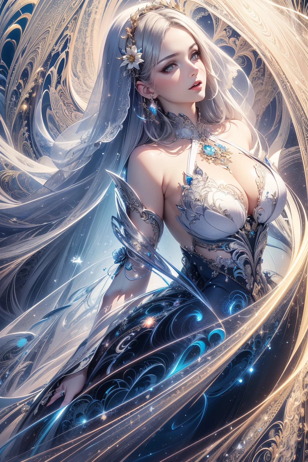 full body, soft contrast, backlit glow, front facing dynamic angle, (masterpiece, top quality, best quality, official art, beautiful and aesthetic:1.2), (1girl:1.3), extremely detailed,(fractal art:1.2),highest detailed,(zentangle:1.2), (dynamic pose), (abstract background:1.5), (shiny skin), (white and silver:1.4), realistic style with fantasy elements,high-definition,charming realistic characters,Surrealism,detailed clothing, (((light particle effect,glowing,dress))), (filigree art:0.9),(fractal art:1.3),buling, flowers, floral:1.0,jewel, shiguang