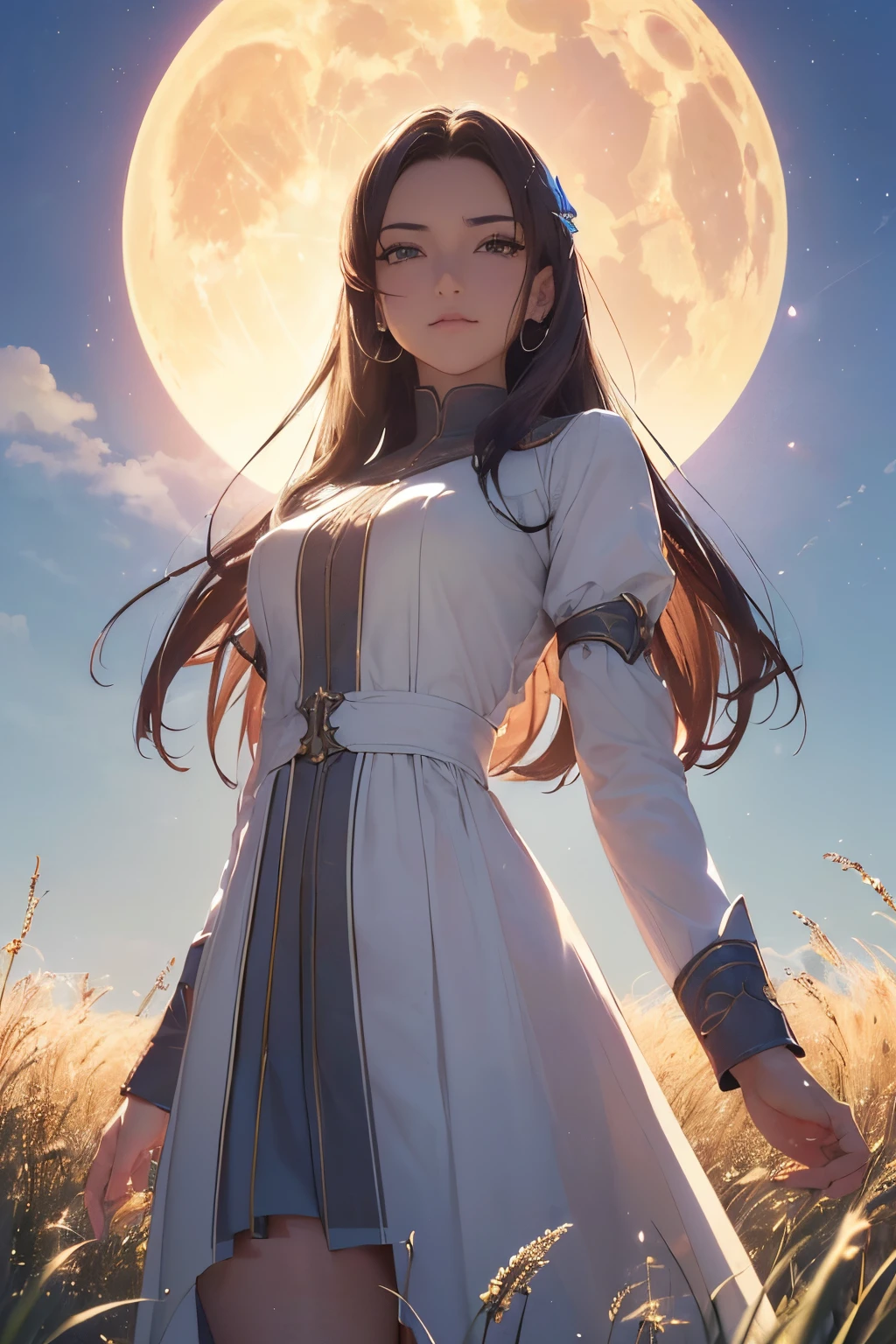 uma mulher bonita, (((1 girl, sozinho, Executando, (Campo de trigo), Virada, olhos azuis, vestido azul longo, middle ages, Traje medieval, Long-sleeved sunset, light from behind, sombra na figura, sorrir, riso, (blue skies), Contra o pano de fundo do trigo, Standing in the distance, Looking at the Viewer, Comprimento total
, elegance under the sun, movimento de movimento, imagem parece viva))), ((figura corporal perfeita, beautiful face, beautiful face, MILF, 46 anos, real, cabelo preto brilhante, estilo de cabelo rabo de cavalo, pele bonita, Cabelo extremamente detalhado, detalhes finos)), (((Cinematic lighting, beautiful lighting effect, design criativo, quadro de corpo inteiro, Aura divina, difficult harmony , luz brilhante, seamless color transition, perfect balance of contrast, camada de cor perfeita, Desfoque de cor perfeitamente suave, smooth rendering, soft color stroke, brilho da lua, optical lens, raio de luar, cores suaves, mistura de cores suaves, perfect color rendering, harmonia, perfeita harmonia de cores, cor bonita, harmonia suave, light particles, detalhes perfeitos, detalhes intrincados, prisma de cor, detalhes finos, Refinar detalhes, detalhes intrincados da armadura, armadura fina, textura lisa de roupas))), Tachibana Omina estilo de arte, Olhos Carinhosos, meio sorriso, boca ligeiramente aberta, a soft expression on his face, serene grassland scenery under the sun, grama flutuando ao redor, calmo, brisa e luz solar ao fundo, Butterflies in the sky, realismo, ((best quality))),8k,((master part)),(Extremamente refinado e bonito)