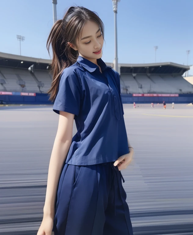 (bestquality,10,10,highres,masterpiece:1.2),ultra-detail,(Realistic,photorealistic portrait,photo-realistic:1.37),1 Cute girl in the football field,oily shiny skin,bara,light smile,BDclothes,((blue shirt:1.3)),short sleeves,shirt, trousers.,(navy_long_Pants Track:1.1), ((Stadium Background:1.3)),dynamic angle,excited,face focus,Dynamic Poses,from behide,Ass Focus,masterpiece, bestquality, ultra realistic, hyper-detail, 8k resolution, RAW photo, crisp focus, ((Navy blue shirt:1.1)), short sleeves, Long Path, Perfect body, 2 mature women, 18yo, cinematic light,Blue sweatpants,Gymware,Correct anatomy,Complete body, Correct body, sharp face, Anatomically correct body, full entire body, Realistic gestures, long-haired, Realistic poses,Wear long shorts...........................,Long leg span,Shapely,Sculpting Girl, Slender Figure, mannequin mannequins, Shapely, Beautiful body,Blue sweatpants, Two girls kissing