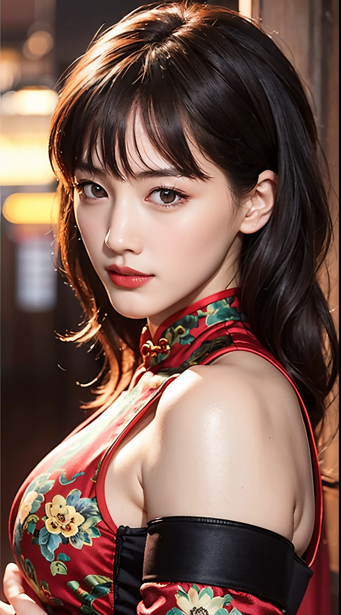 Highly detailed CG Unity 8k wallpaper, of the highest quality, super detailed, masutepiece, Realistic, photographrealistic, extremely detailed cute girl, 25 years old, ,, Upper body , ,Colossal tits,Black eyes,wine red silk cheongsam dress