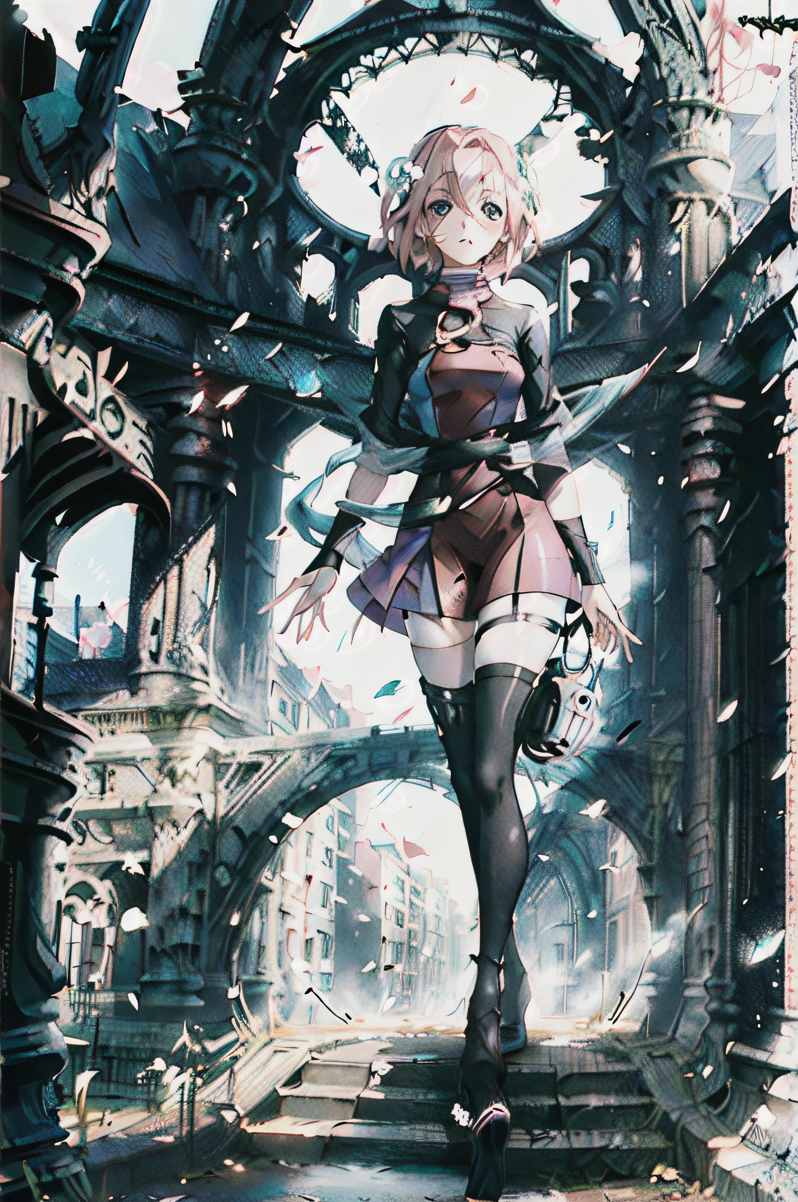 (1woman, mature, pale pink hair, turquoise eyes, red dress:turtleneck, black tights, serious face, inori from guilty crown), town background, front view, high res, ultrasharp, 8K, masterpiece, portrait, high detail, symmetrical