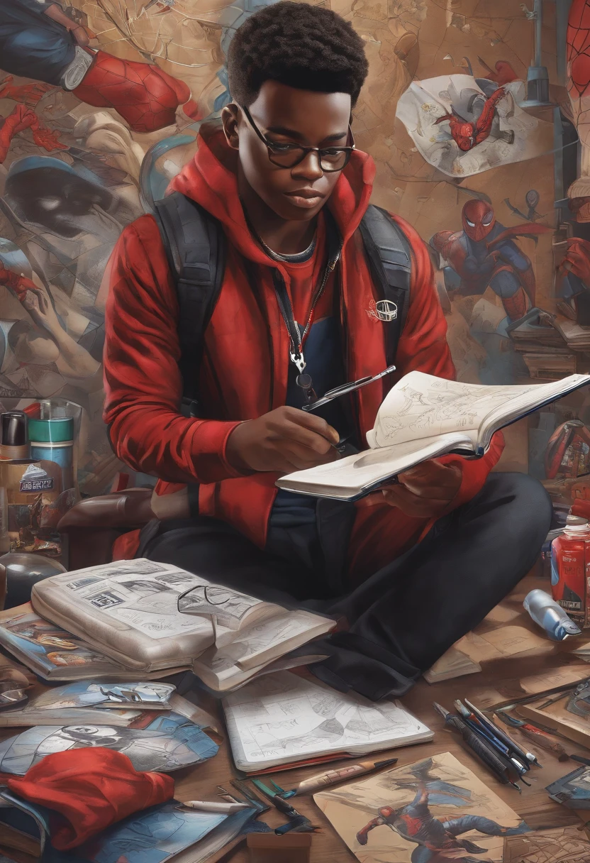 An image of Miles sketching a new mural design in his notebook, surrounded by art supplies and reference photos.,Marvel Comics,Miles Morales, the dynamic character from the “Spider-Man” universe, is a young, black athletic ager with a lean build, often seen in his distinctive black Spider-Man suit with red webbing and unique graffiti-style designs. He has a youthful, energetic face, often expressing a wide range of emotions from awe to determination, reflective of his age and the enormity of his responsibilities., male