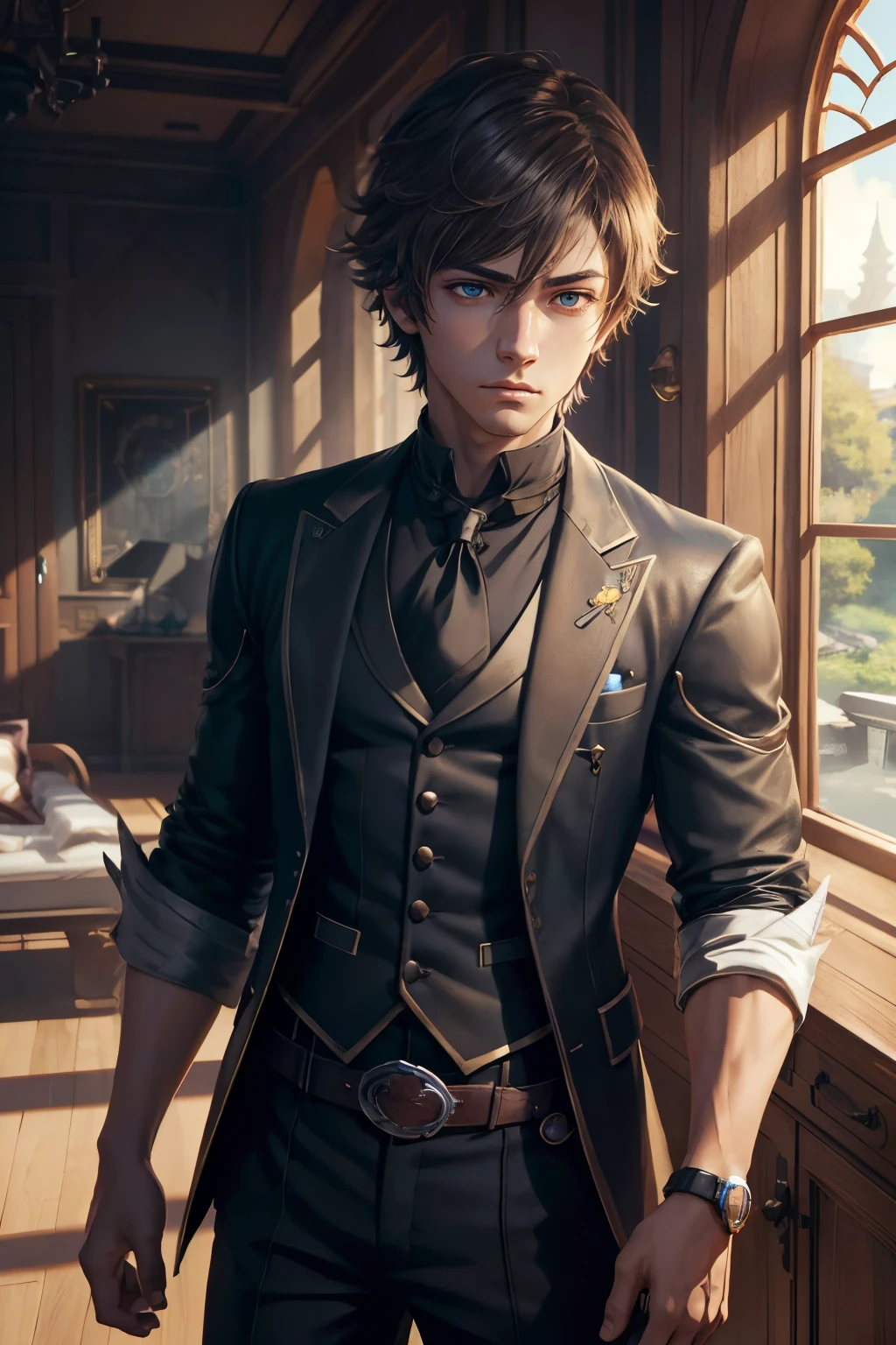 (absurd res, A high resolution, ultra - detailed, HighDynamicRange), tmasterpiece, Best quality at best, 1 boy , Crestoria story characters, short detailed hair, Handsome face, Anime eyes,detailed interior, Detailed characters