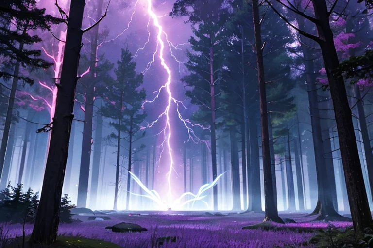Purple lightning is falling on the surface of the lake in the forest.