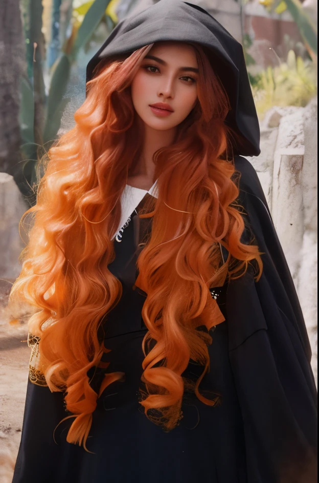 mulher arafa com longos cabelos ruivos e uma capa preta, ela tem cabelos longos e redorange, em um manto com cabelos longos, Ela tem longos cabelos castanhos alaranjados, Deusa dos cabelos ruivos, longos cabelos vermelhos cachos, com cabelos ruivos cacheados, com longos cabelos ruivos, cabelos cacheados cor de cobre, cabelo longo de gengibre, cabelos ruivos cacheados, pele laranja e cabelo ardente longo