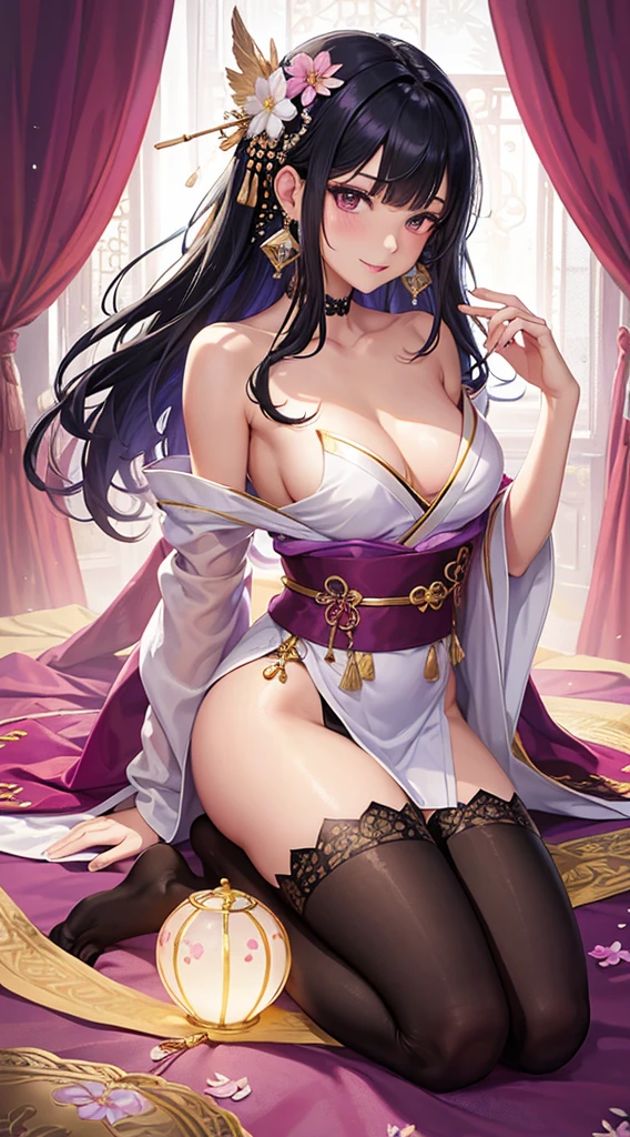 A female with small breasts, slim body, tempting body, nice bare leg, bare tights, bare arms, bare shoulders, nice cleavage, blunt bangs, black hair, silk bed, silk mattress, soft bed, silk, moon lighting, night, flowers hair piece, feathers, particles, light rays, (1girl:1.3), extremely detailed, (fractal art:1.1), (colorful:1.1), (flowers:1.3), (masterpiece, top quality, best quality, official art, beautiful and aesthetic:1.2), highest detailed, (seiza), (hand on side), (curtain background:1.3), (shiny skin), (many colors:1.4), (earrings:1.4), (tight kimono:1.2), sexy eyes, innocent, smile, sweet, beautiful, attractive body, gorgeous, pink blush, waiting, want something, secretly.