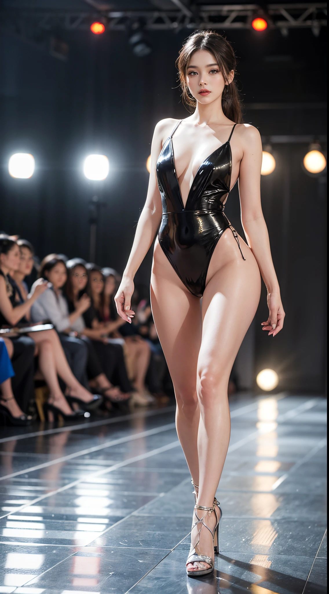 8k, best quality, highres, realistic, real person,  A dynamic scene of a female model walking confidently down a runway, surrounded by a large audience under bright lights. The model is elegantly dressed in a high-fashion outfit, with the spotlight focused on her. She exudes confidence and grace as she strides forward. The audience is captivated, and the atmosphere is vibrant and glamorous, capturing the essence of a high-end fashion show.