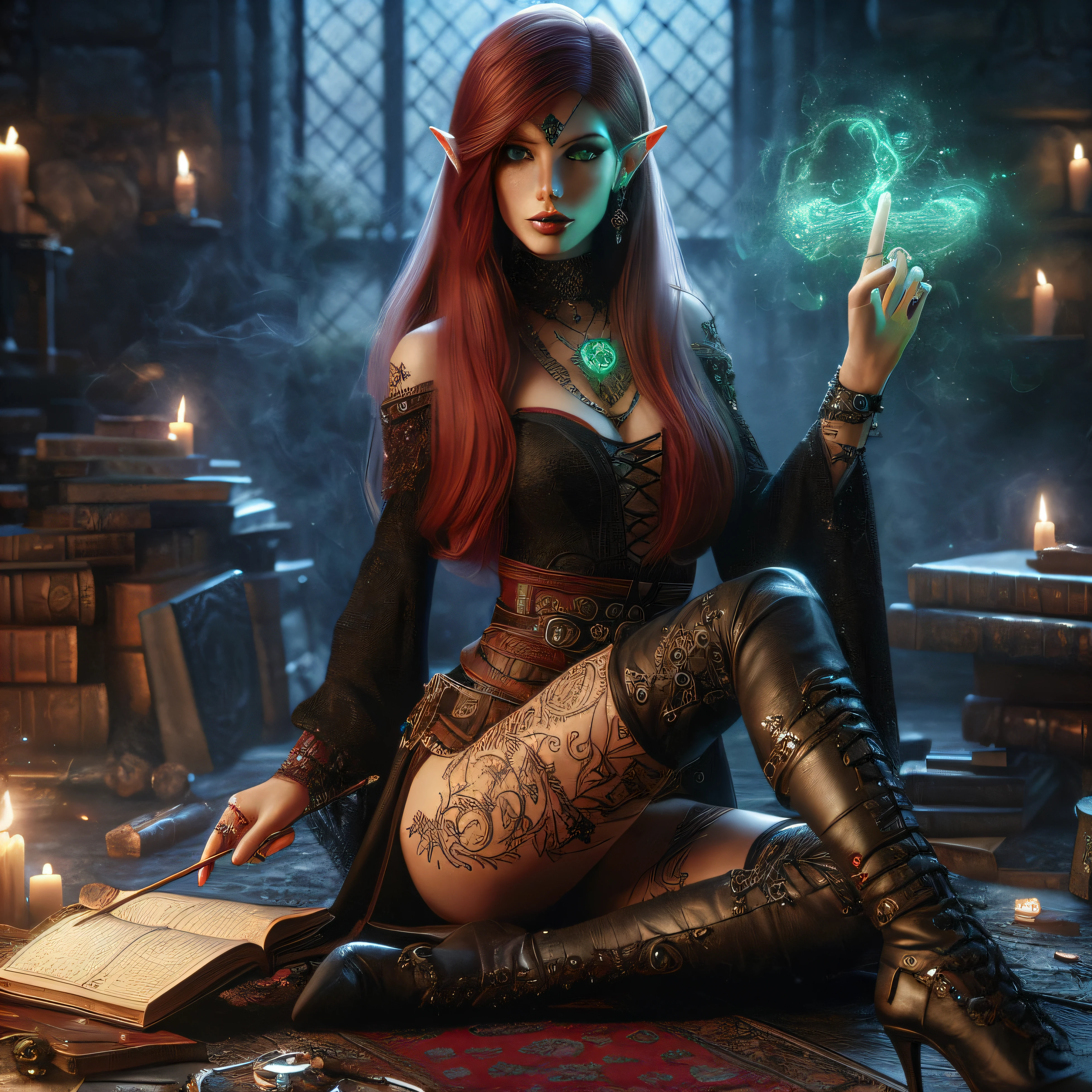 a red-haired woman in black leather pants sitting on a rug, uma bela feiticeira, feiticeira bonita, arte de fantasia realista, Arte de fantasia hiperrealista, maga feminina de fantasia sombria,  bonita necromante, Retrato de uma feiticeira, meninamancer bonita, Beautiful Female Sorceress, realistic fantasy rendering, mulher feiticeira