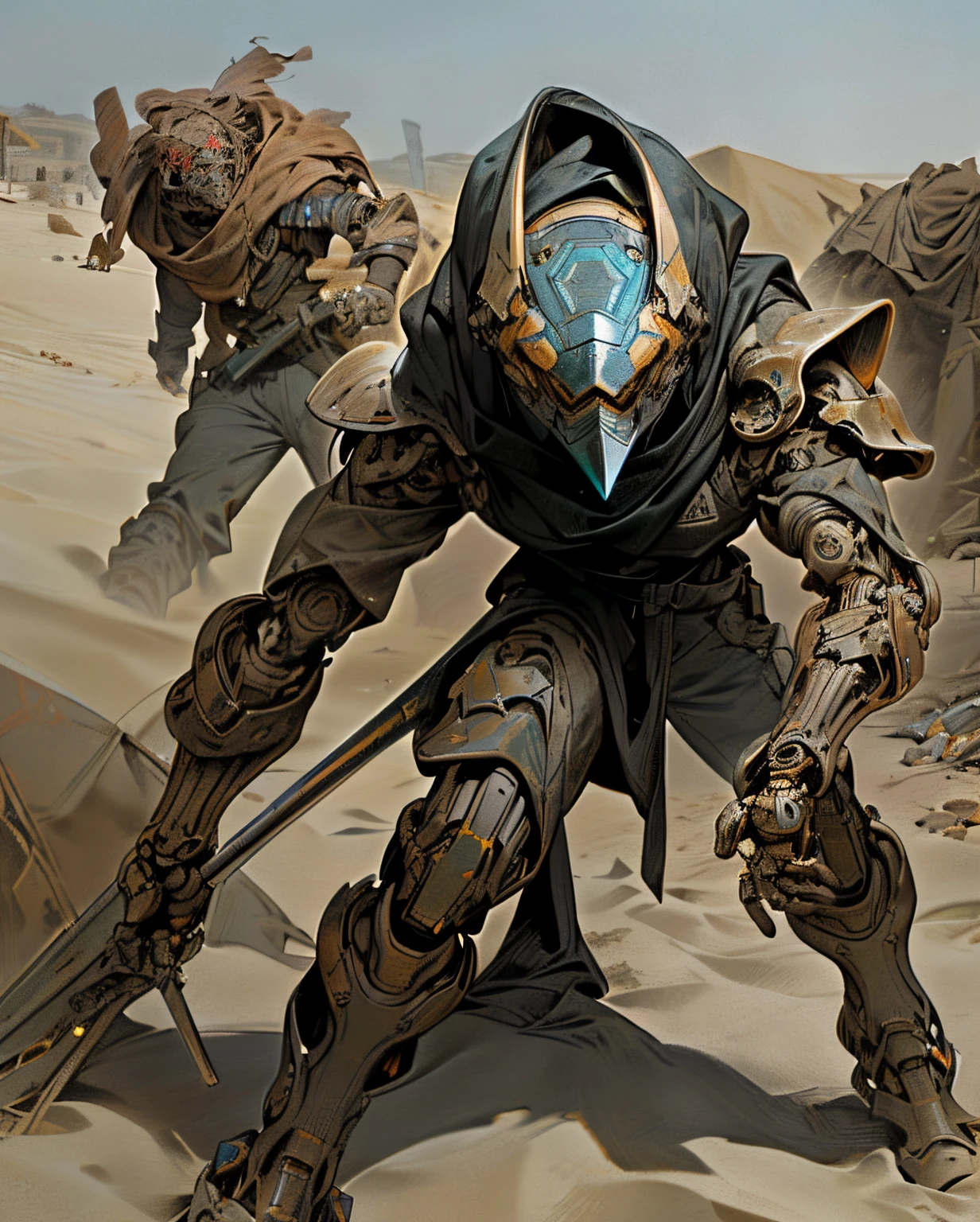 Robot emerging from the sand, extremely rusty, augmented with scrap pieces, holding a damaged sabre, sand everywhere, dunes, fremen from dune, severely repaired, mechanical, scrappy, damaged, actively attacking, bursting forth from the ground, wearing a scrappy mechanical mask+helmet,