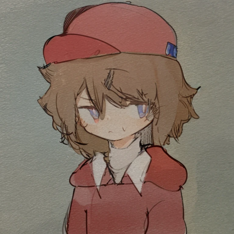 Brown hair, red hat, blue eyes, grumpy, cute, chibi, boy