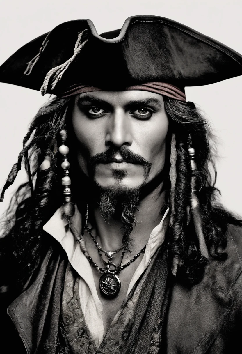A candid shot of Jack Sparrow engaging in a game of chance with fellow pirates, a sly smirk playing on his lips as he expertly shuffles a deck of cards.,Pirates of the Caribbean: The Curse of the Black Pearl,
Jack Sparrow possesses a distinctive and memorable appearance, characterized by a blend of ruggedness, eccentricity, and a touch of flamboyance.

1. Facial Features: Jack's countenance is weathered and tanned, reflecting a life spent sailing under the sun. He has a well-defined jawline, typically adorned with a scruffy, unkempt beard that frames his face. His cheekbones are high, lending an air of sharpness to his features.

2. Hair: Jack's hair is long, dark, and unruly, falling in loose, wavy locks that cascade past his shoulders. His hair is often adorned with beads, trinkets, and small braids, giving it an eclectic and pirate-like flair.

3. Eyes: Jack's most striking feature is his intense, dark eyes, which hold a mischievous glint and a hint of mystery. They are framed by slightly arched eyebrows, adding to his enigmatic allure.

4. Accessories: Jack Sparrow is known for his eclectic array of accessories. He adorns his head with a worn, tricorn pirate hat, typically adorned with feathers or other embellishments. On his face, he sports a variety of smudged and smoky eye makeup, giving him a rakish and slightly disheveled appearance. His ears are often adorned with gold hoop earrings and other ornaments, adding to his pirate aesthetic.

5. Clothing Style: Jack's clothing style is a unique blend of tattered elegance and pirate flair. He wears layers of mismatched, worn garments that reflect his bohemian nature. His ensemble often includes a loosely fitted, open-front vest or jacket, adorned with intricate embroidery, fringes, and beaded details. Underneath, he dons a stained and rumpled, off-white linen shirt with billowy sleeves. Around his waist, he sports a wide leather belt with a large, ornate buckle. His trousers are loose and baggy, typically made of worn and faded fabrics. Completing his attire, he wears tall leather boots, scuffed and worn from countless adventures at sea.

6. Jewelry and Trinkets: Jack Sparrow is known for his love of accessories. He adorns himself with an assortment of necklaces, rings, and bracelets, often featuring charms, beads, coins, and other artifacts collected from his journeys. These trinkets jingle and clink as he moves, adding to his charismatic presence.

7. Swagger and Posture: Jack carries himself with a unique swagger, a graceful yet somewhat unsteady gait that reflects his carefree and unpredictable nature. His posture is relaxed, yet he exudes an air of confidence and self-assurance.

8. Complexion: Jack Sparrow's complexion is weathered and sun-kissed, bearing the marks of a life spent at sea. His skin has a slightly rough texture, indicative of exposure to the elements. Faint lines and wrinkles around his eyes and forehead hint at the experiences and hardships he has endured.

9. Teeth: Jack's teeth are a notable feature, often shown as discolored and uneven, reflecting a lack of proper dental care. Some of his teeth are missing, adding to his rugged and slightly unkempt appearance. However, despite their imperfections, his teeth are surprisingly functional, allowing him to flash a charismatic and mischievous grin.

10. Scars and Tattoos: Jack Sparrow's body is adorned with various scars and tattoos, each with its own story to tell. Scattered across his torso, arms, and back, these marks serve as reminders of past battles, encounters, and personal journeys. His tattoos, often faded and partially obscured, add an air of mystery and intrigue to his overall appearance.

11. Hands and Fingers: Jack's hands are weathered and calloused, a testament to a life of adventure and manual labor. His fingers are nimble and dexterous, capable of handling intricate tasks such as manipulating his beloved compass or wielding a sword with finesse.

12. Slight Dishevelment: Jack Sparrow's overall appearance carries an intentional sense of dishevelment. His clothing is intentionally rumpled and worn, with loose threads and frayed edges adding to his bohemian charm. His hair, although long and flowing, is intentionally unkempt, giving him a carefree and rebellious air.

13. Scent: A subtle scent of saltwater, mixed with a hint of rum and the faint aroma of exotic spices, lingers around Jack Sparrow. The combination of sea breeze, his own unique musk, and the scents of the places he has visited create an intriguing olfactory aura that accompanies his presence.

14. Body Language: Jack's body language is a key part of his overall appearance. He carries himself with a slightly slouched posture, giving off an air of nonchalance and relaxation. His movements are agile and fluid, reflecting both his experience as a sailor and his natural grace. He has a tendency to gesture with his hands while speaking, emphasizing his words and adding flair to his storytelling.

Jack's hair is long, dark, and possesses a wild, untamed quality that perfectly complements his roguish persona. It falls in loose, wavy locks that cascade past his shoulders, framing his face and adding to his air of rebellion and adventure.

The texture of Jack's hair is naturally thick and slightly coarse, giving it a rugged and tousled appearance. It appears to have a natural wave to it, creating a sense of movement even when he is still. His hair has a slightly unkempt quality, as though he rarely bothers with formal grooming routines.

While primarily dark in color, Jack's hair may also exhibit hints of deep brown or even strands of silver, indications of his age and the many experiences he has encountered throughout his life.

To further accentuate his pirate-like aesthetic, Jack adorns his hair with various accessories. Beads, trinkets, and small braids are often woven into his locks, adding a touch of eccentricity and individuality. These adornments dangle and sway with his movements, creating an audible jingle that further adds to his bohemian charm.

Despite its disheveled appearance, Jack's hair possesses a certain allure. It adds an air of nonconformity and a sense of carefree rebellion to his overall persona. His long, flowing locks become a visual representation of his untamed spirit and his refusal to adhere to societal norms.


Jack's ensemble consists of layers of mismatched and worn garments, reflecting his unconventional and free-spirited nature. His clothing exudes an air of adventure and captures the essence of a swashbuckling pirate captain. 

Starting from the top, Jack often wears a weathered tricorn pirate hat. The hat is typically made of worn leather or fabric, with a wide brim that is slightly bent and adorned with feathers or other embellishments. It has a well-loved, lived-in appearance, reflecting Jack's countless escapades.

On his face, Jack sports smudged and smoky eye makeup, giving him a rakish and slightly disheveled look. The makeup adds to his mysterious aura and enhances his mischievous gaze.

Jack's upper body is typically adorned with a loosely fitted, open-front vest or jacket. The garment is often made of worn and faded fabrics, such as leather, canvas, or velvet. It may feature intricate embroidery, fringes, or beaded details, showcasing his bohemian sense of style. The jacket has a well-worn appearance, with patches and repairs that bear testament to his adventurous lifestyle.

Underneath the vest or jacket, Jack wears a stained and rumpled, off-white linen shirt. The shirt has billowy sleeves that gather at the wrists, adding a touch of romanticism to his attire. The fabric is lightweight and breathable, suitable for the warm climates often encountered during his seafaring journeys.

Around his waist, Jack sports a wide leather belt with a large, ornate buckle. The belt serves both as a practical accessory and a fashion statement. It helps secure his trousers and provides a place to hang his various tools and weapons, such as his trusty compass or a small dagger.

Jack's trousers are loose-fitting and slightly baggy, allowing for ease of movement. They are typically made of worn and faded fabrics, such as linen or canvas, and may feature patches or repairs. The trousers often taper at the ankles and are tucked into his tall leather boots.

Completing his ensemble, Jack wears tall leather boots that have seen their fair share of adventures. The boots are scuffed and worn, reflecting the wear and tear of life at sea. They provide both protection and stability, enabling Jack to navigate various terrains with ease.

Overall, Jack Sparrow's clothing style combines elements of ruggedness, eccentricity, and a hint of romanticism. His attire reflects his bohemian spirit, his seafaring lifestyle, and his refusal to conform to societal norms. The combination of mismatched layers, worn fabrics, and unique accessories creates a visually striking and iconic look for the legendary pirate captain., male
