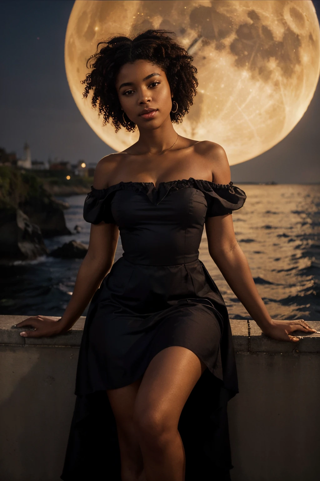 belle fille, Type noire afro-américain, cheveux longs, dans une robe rouge art déco, s'adapte gracieusement à une silhouette chic, beaucoup de bijoux, Fille assise sur un rocher au bord de l'océan., la nuit, douce lumière de la lune et des lanternes sur l'eau, brume légère. qualité la plus élevée, détail élevé, Hyper réaliste, Photo hyperréaliste de, Qualité cinématographique, détail élevé