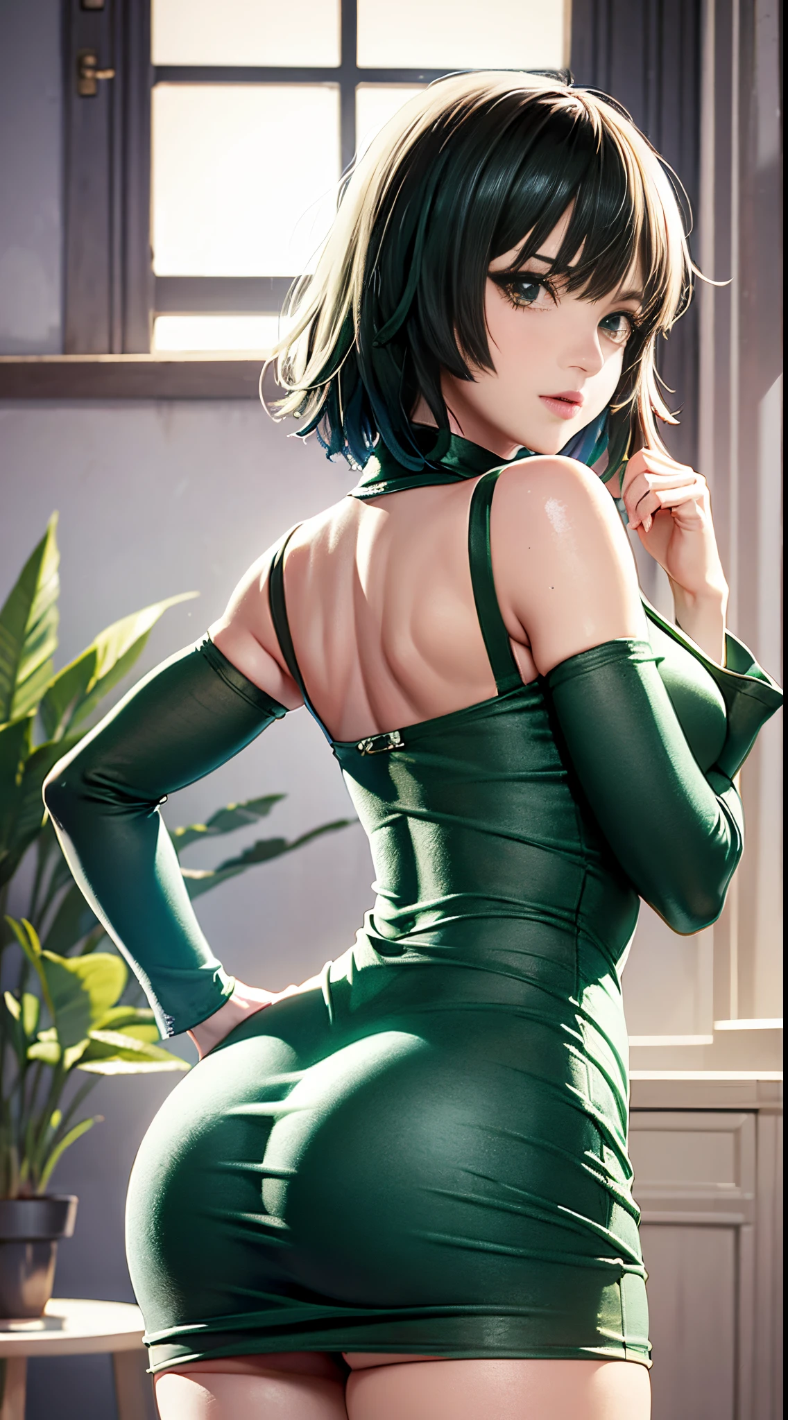 Uma mulher em um vestido verde sentado em uma prateleira,Fubuki de Um Soco Homem,  bonita do anime agachado, Fubuki, thicc, Ela usa um vestido verde escuro, Fubuki, peeping from behind, Postura das costas, Total growth behind, Growing from behind, Menina sedutora, mulher anime