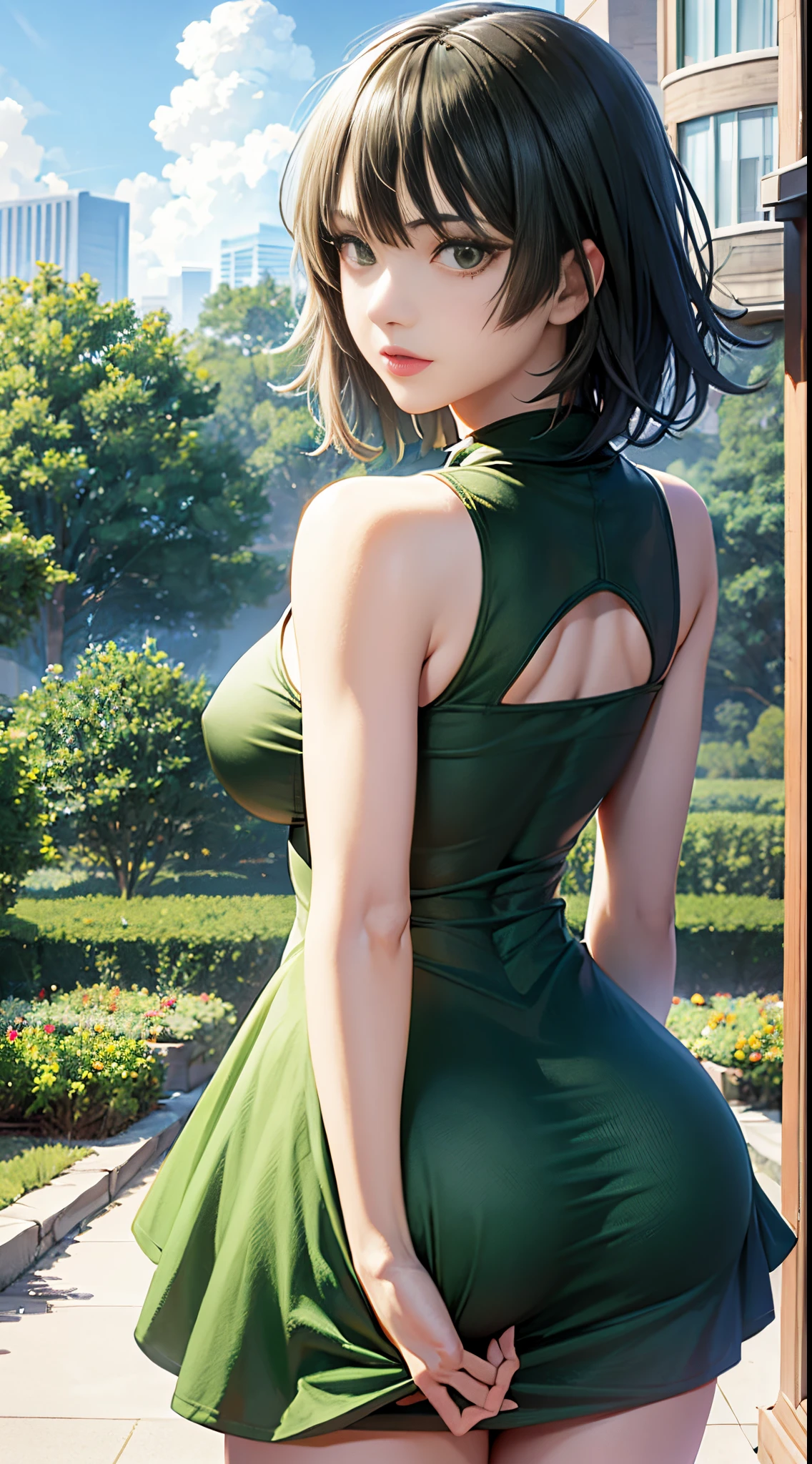 Uma mulher em um vestido verde sentado em uma prateleira,Fubuki de Um Soco Homem, Menina bonita do anime agachado, Fubuki, thicc, Ela usa um vestido verde escuro, Fubuki, peeping from behind, Postura das costas, Total growth behind, Growing from behind, Menina anime sedutora, mulher anime