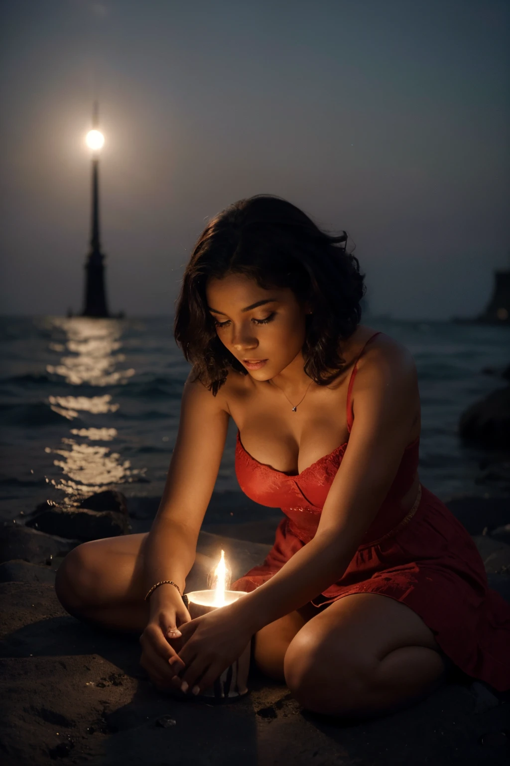 belle fille, Type noire afro-américain, cheveux longs avec tresses, dans une robe rouge art déco, s'adapte gracieusement à une silhouette chic, beaucoup de bijoux, Fille assise sur un rocher au bord de l'océan., la nuit, douce lumière de la lune et des lanternes sur l'eau, brume légère. qualité la plus élevée, détail élevé, Hyper réaliste, Photo hyperréaliste de, Qualité cinématographique, détail élevé, .RAW