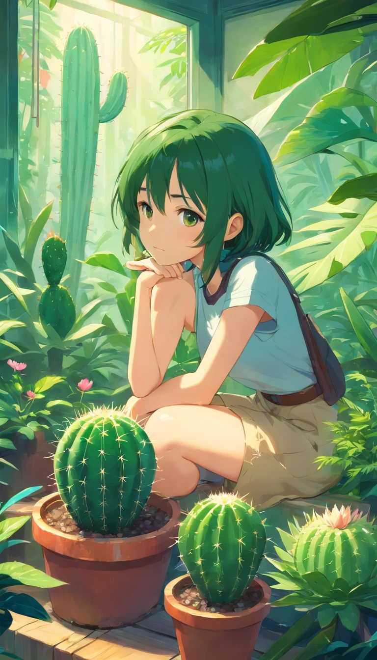 (masterpiece, best quality), anthropomorphic cactus girl, beautiful, resting on a flower pot, roaming the magical rainforest, lush vegetations, natural lighting