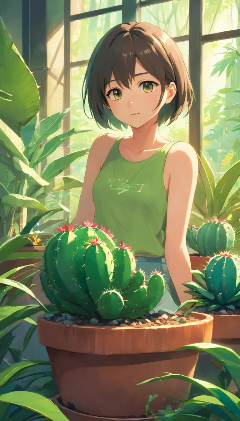 (masterpiece, best quality), anthropomorphic cactus girl, beautiful, resting on a flower pot, roaming the magical rainforest, lush vegetations, natural lighting