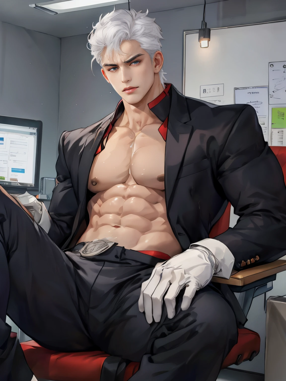 male people，white color hair，Clothes open，Abs，Serious，High Picture Quality，high qulity