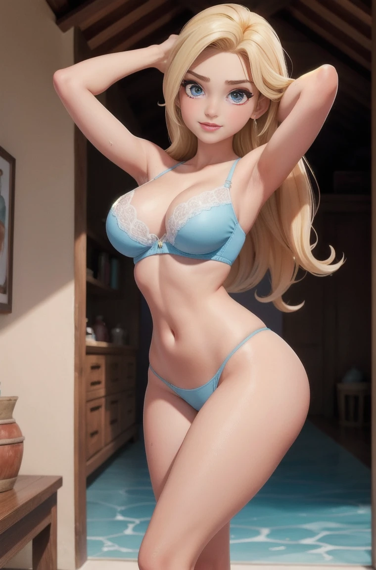 (best quality, master part:1. 2), ultra-detalhado, mulher doce bonita, Ana, Frozen, parte superior do corpo, De frente, Olhando para o Viewer, cabelos loiro, vestindo camisa de gola alta, shirt button came off, clivagem, Interior, corpo voluptuoso, quadril largo, corpo amadurecido, seios grandes, umbigo, olhos perfeitos, muito lindo, pale skin, (caucasiana), vista superior da cintura, (pernas abertas), (Mamilos duros), (Wet micro bra), (depilado , virilha)