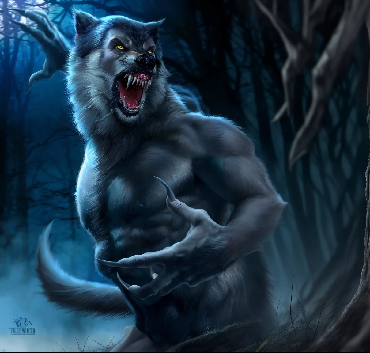 werewolf with fangs and fangs on his face in the woods, muscular werewolf, angry high moral sexy werewolf, werewolf, werewolf?, werewolf man, werewolf”, a minotaur wolf, portrait of a werewolf, great wolf, furry wolf, wolf in hell, dark grey wolf o'donnell, scary creature, half man half wolf, dark grey wolf