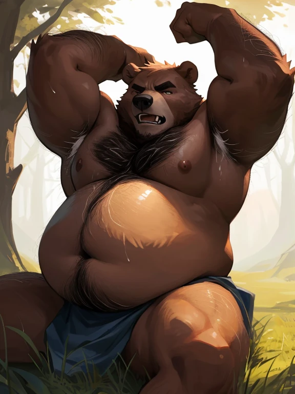 4K, best quality, masterpiece, (big bear), big body, [anthropomorphic], sloppy, grumpy, (perfect eyes), detailed eyes, [head size: 0.8], (mouth open:1.3), bear teeth, hairy body, (broad shoulders:1.6), (broad chest:1.8), (thick body:1.5), rough, male, (manly:1.5), (masculinity:1.5), (furry body:1.4), hairy, furs, chest hair, meaty arms, (thick arms:1.5), (big arms:1.5), meaty face cheek, meaty face, (((chunky, burly, fat, daddy, overweight, tough looking))), muscular, muscular arms, [muscular legs], (((big belly, round belly))), shirtless, torn loincloth, (middle aged), meaty chest, arms raised, (hairy armpits:1.8), (sweat, hot), lying on grass, 7smiling, handsome looking, ambient lighting, [[[realistic]]], (realistic proportions:1.2), by huynhduyad14, (by Null-Ghost), sfw