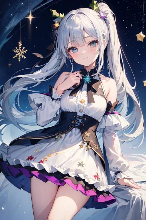 Christmas tree, masterpiece, top quality, Christmas story, bouquet, super detailed and delicately written girl, super detailed effect detailed illusion brilliant rainbow shine dynamic amazing silent night Holi, night magic mystery, colorful fantastic snow Stars, sparkles, gorgeous effects, ink paint, watercolor, super detailed illustrations, masterpieces, anything: 3.2, {cowboy shot}, 1 girl, {}, ++ graceful scenery: 1.25, ((high resolution, very Detailed CG, Unity 8k wallpaper: 1.1)), ((super detailed): 1.1)), (city), (twilight night view), ((gently and gently smiling)), ((cute face, cute, beautiful)) , ((friendly face)), (side ponytail (silver) hair side ponytail), (pale emerald (Gloria) eyes pale emerald), ((very detailed and cute Santa suit)), ((vivid (full color) embroidery) frilled skirt)), (((bright checkered embroidered frilled skirt) )), {light particles}, (bluish light), {hand joints {finger} joints}, super detailed beautiful night scene, kkk,