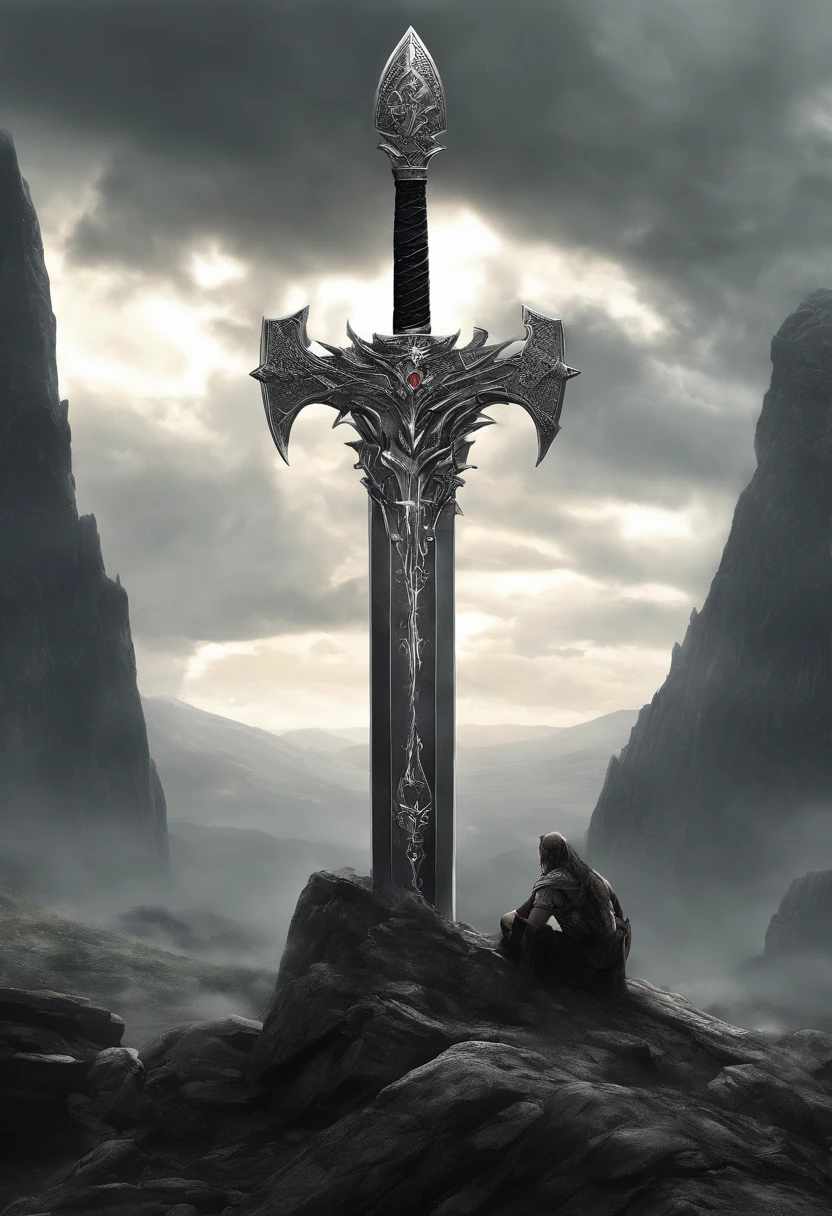 (Masterpiece, High Quality, HD, Detail: 1.3)A divine sword was inserted in the stone, engraved with ancient runes, emitting light and lightning, and the sword was wrapped around the dragon's body, with the shadow of a dragon. Surrounded by mountains, thunder and lightning.