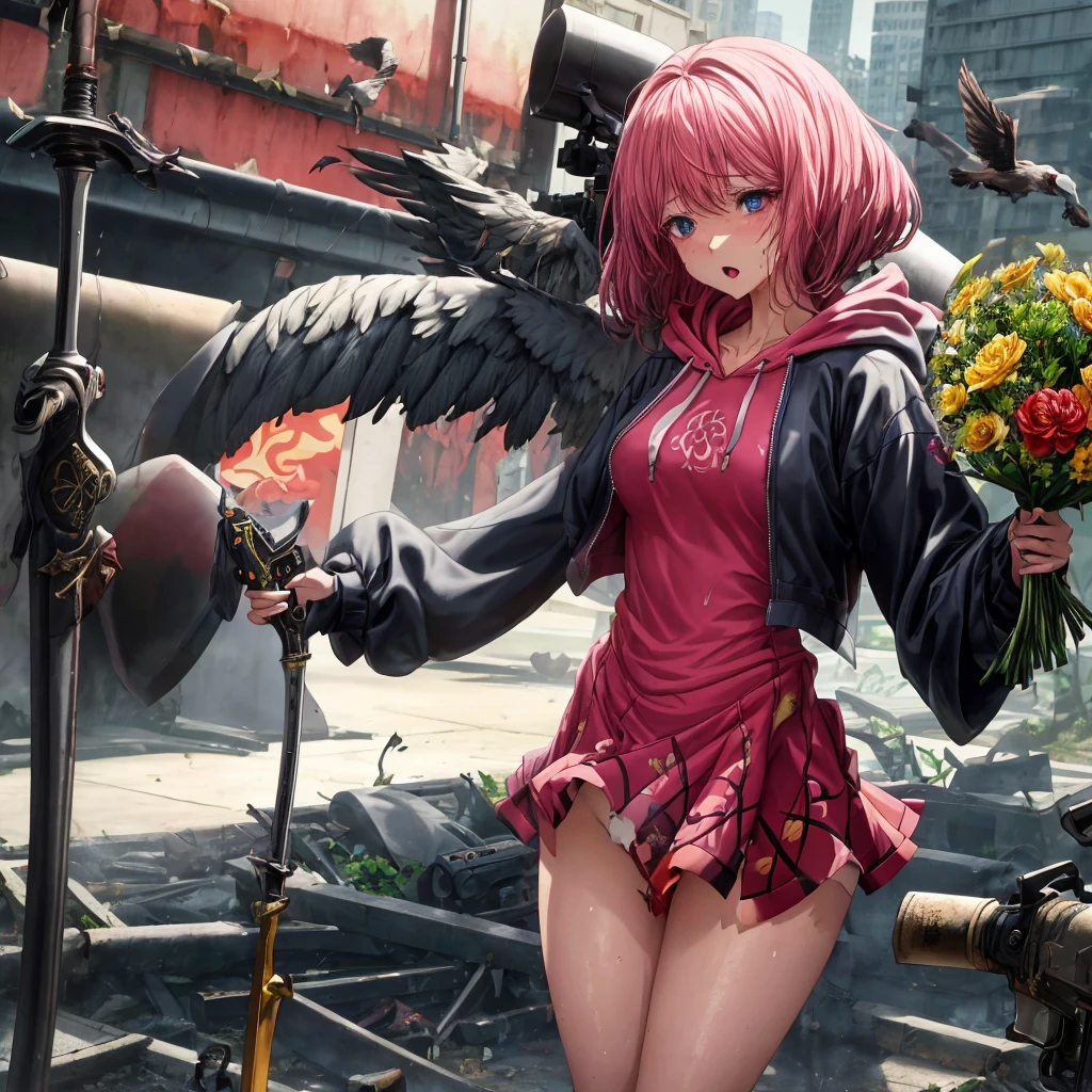 absurderes、Life and death、Creation and destruction、(Perfect Anatomy)a woman in a(Glowing hair、Rich facial expressions、Sweating、hot air、floral sears dress(Greatly torn)、front zip hoodie)、Skirt Lift Up、Background with(Fantastic world、Destroyed cityscape、Flowers and Birds Fugetsu)、sword and gun、Attractive thighs、Delicate hand depiction、Depiction of delicate feet