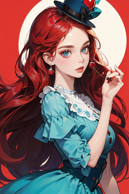 ela tem pele clara e cabelos castanhos escuros e ondulados, her eyes are brown and she wears light blue eyeshadow. She wears a cherry red bowler hat, um vestido listrado nas cores branco e azul claro, e por cima um sobre tudo na cor vermelho cereja