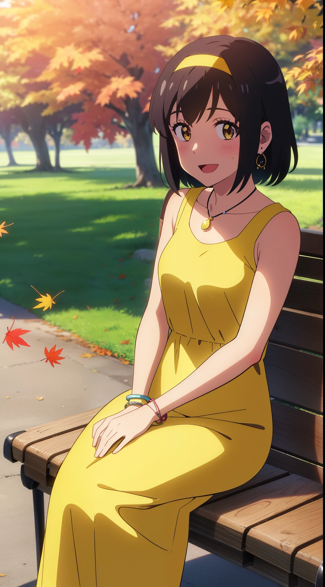 (masterpiece, best quality, high quality, highres, ultra-detailed), shinkai makoto, kimi no na wa., 1girl, bangs, black hair, blush, bright eyes, brown eyes, headband, looking at the viewer, yellow bow, yellow headband, yellow ribbon, dress, yellow dress, short hair, medium breasts, solo, day, Outdoors, shiny skin, standing, shadow, smile, happy, :D, bracelet, necklace, earring, {{{{{{in autumn}}}}}}, maple tree, falling leaves, autumn scenery, warm color., beautiful, pretty, sitting, bench, V, {{{{fluttering leaves}}}}