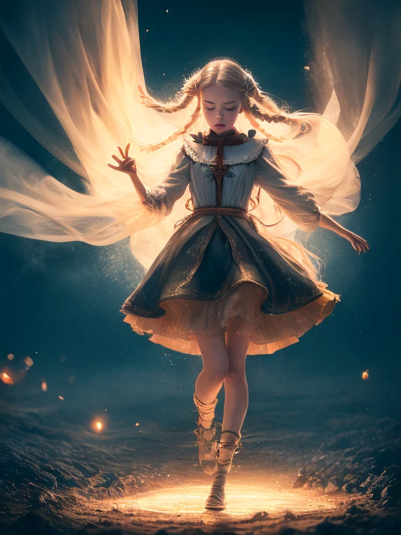 1girl, solo, full body, (masterpiece:1.21), (best quality:1.2), colorful, (illustration:1.2), (cinematic lighting:1.1), short peasant medieval dress, floating dress, magic lights, levitating, genitalia visible, , blonde hair with braids, floating hair, magical lights in her hands, closed eyes, focus expression