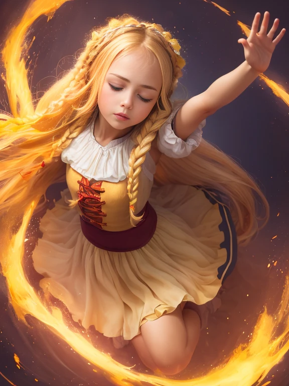 1girl, solo, full body, (masterpiece:1.21), (best quality:1.2), colorful, (illustration:1.2), (cinematic lighting:1.1), short peasant medieval dress, floating dress, magic lights, levitating, genitalia visible, , blonde hair with braids, floating hair, magical lights in her hands, closed eyes, focus expression