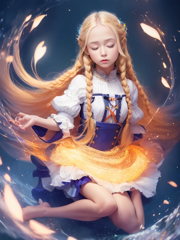 1girl, solo, full body, (masterpiece:1.21), (best quality:1.2), colorful, (illustration:1.2), (cinematic lighting:1.1), short peasant medieval dress, floating dress, magic lights, levitating, genitalia visible, , blonde hair with braids, floating hair, magical lights in her hands, closed eyes, focus expression