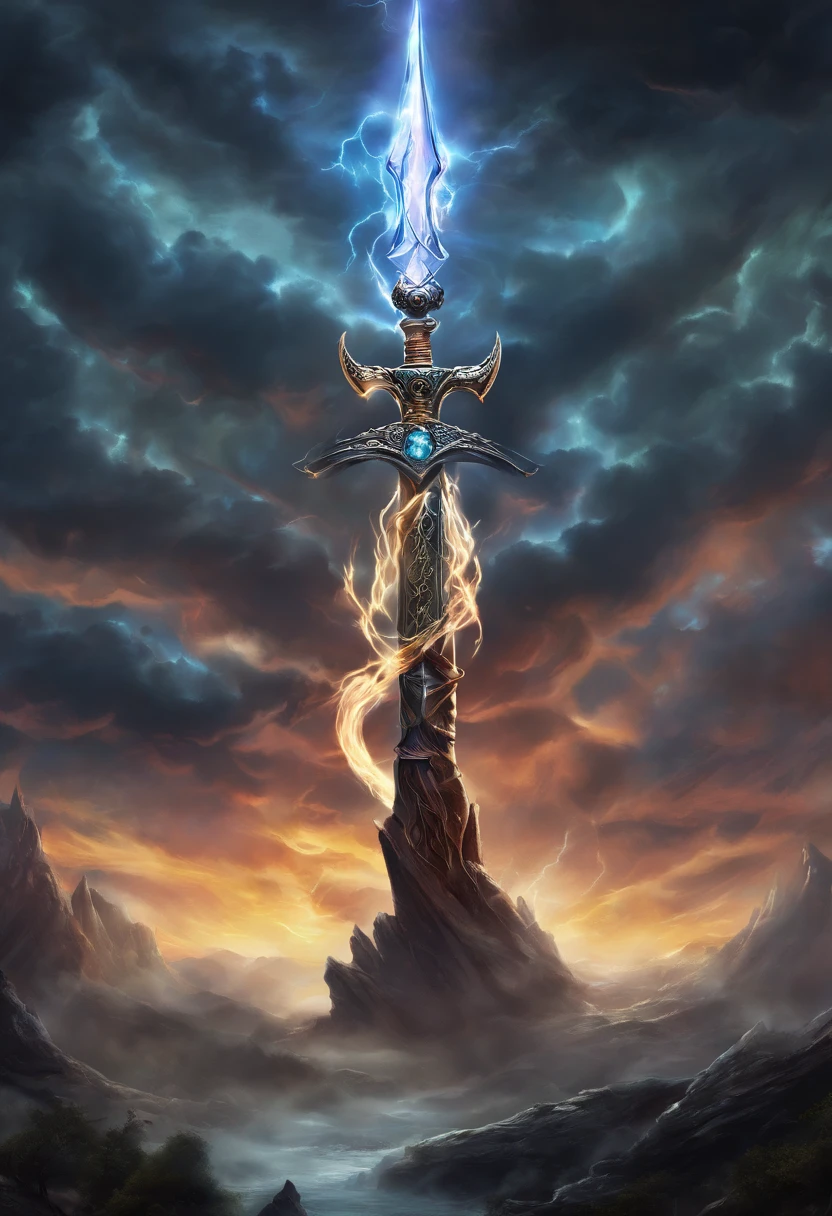 (Masterpiece, High Quality, HD, Detail: 1.3)A divine sword was inserted in the stone, engraved with ancient runes, emitting light and lightning, and the sword was wrapped around the dragon's body, with the shadow of a dragon. Surrounded by mountains, thunder and lightning.