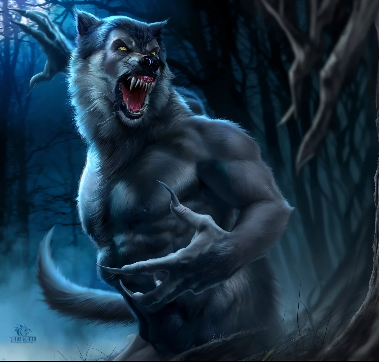 werewolf with fangs and fangs on his face in the woods, muscular werewolf, angry high moral sexy werewolf, werewolf, werewolf?, werewolf man, werewolf”, a minotaur wolf, portrait of a werewolf, great wolf, furry wolf, wolf in hell, dark grey wolf o'donnell, scary creature, half man half wolf, dark grey wolf