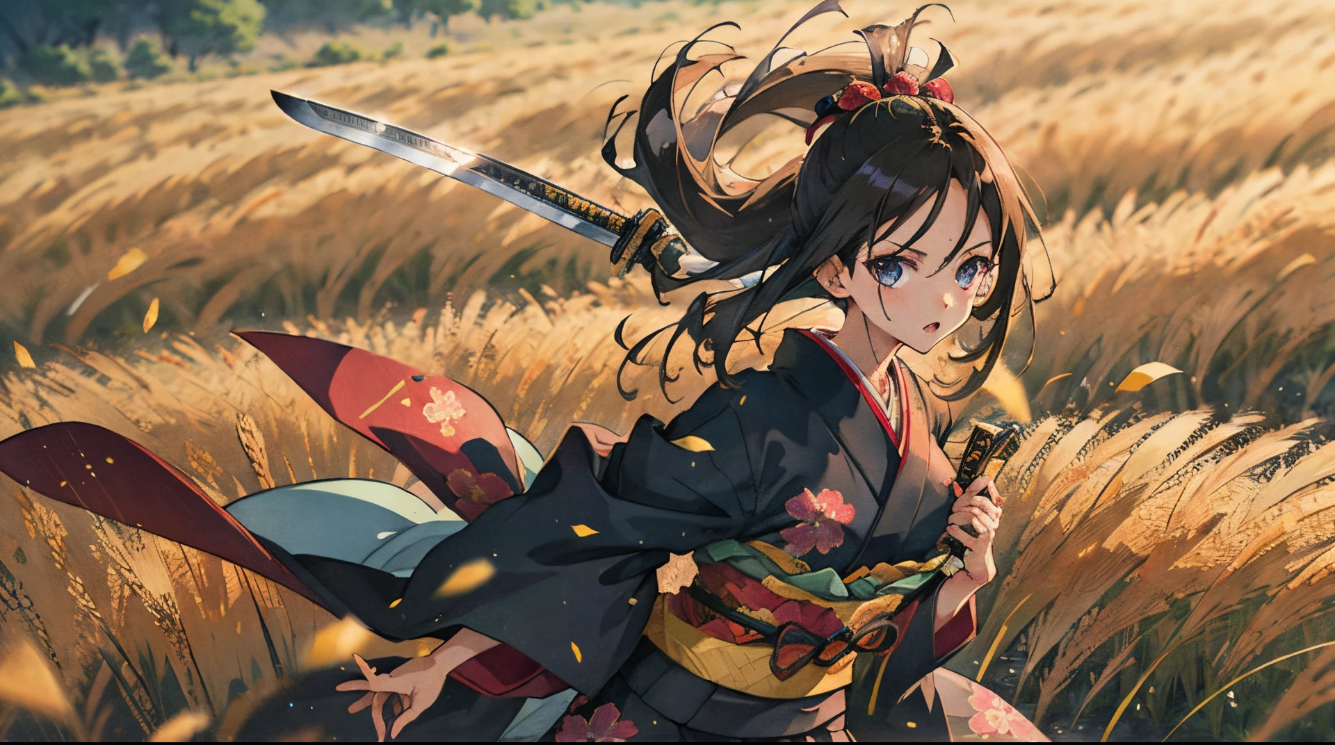 Katana kimono strawhat anime girl field background large chest