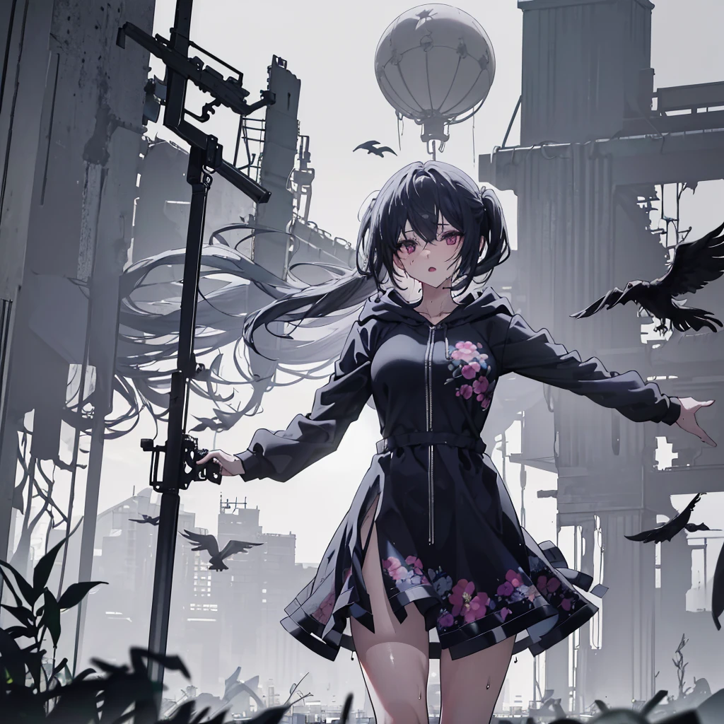 absurderes、Life and death、Creation and destruction、(Perfect Anatomy)a woman in a(Glowing hair、Rich facial expressions、Sweating、hot air、floral sears dress(Greatly torn)、front zip hoodie)、Skirt Lift Up、Background with(Fantastic world、Destroyed cityscape、Flowers and Birds Fugetsu)、sword and gun、Attractive thighs、Delicate hand depiction、Depiction of delicate feet