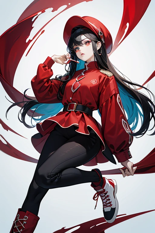 Cherissa has pale skin, flat oval-shaped eyes with blue eyeliner, and wears a red cherry-shaped hat over her long, swept black hair. She wears a red overshirt with white stitches over a light blue long-sleeved dress with a white swirl motif and black pants. She wears a pair of red and white sneakers with green laces and black soles.