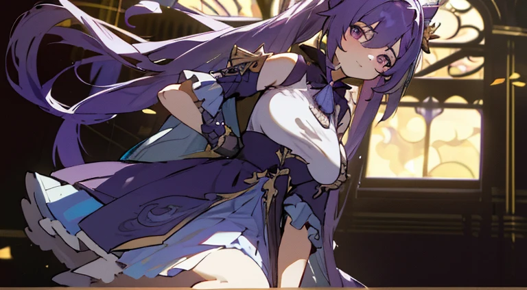 ((masterpiece, best quality)), close-up, straight on, face focus,((1 girl, 1 man) ), {long hair}, ((big breasts)), standing sex,  hair ornamen, gloves, (incredible absurdity), gilded frame, (detailed light),lighting, colorful, layered backgrounds, (gothic architecture), pond, (gorgeous background), dynamic angle, delicate background, (shine),keqing \(genshin impact\),twintail, purple hair, doggystyle