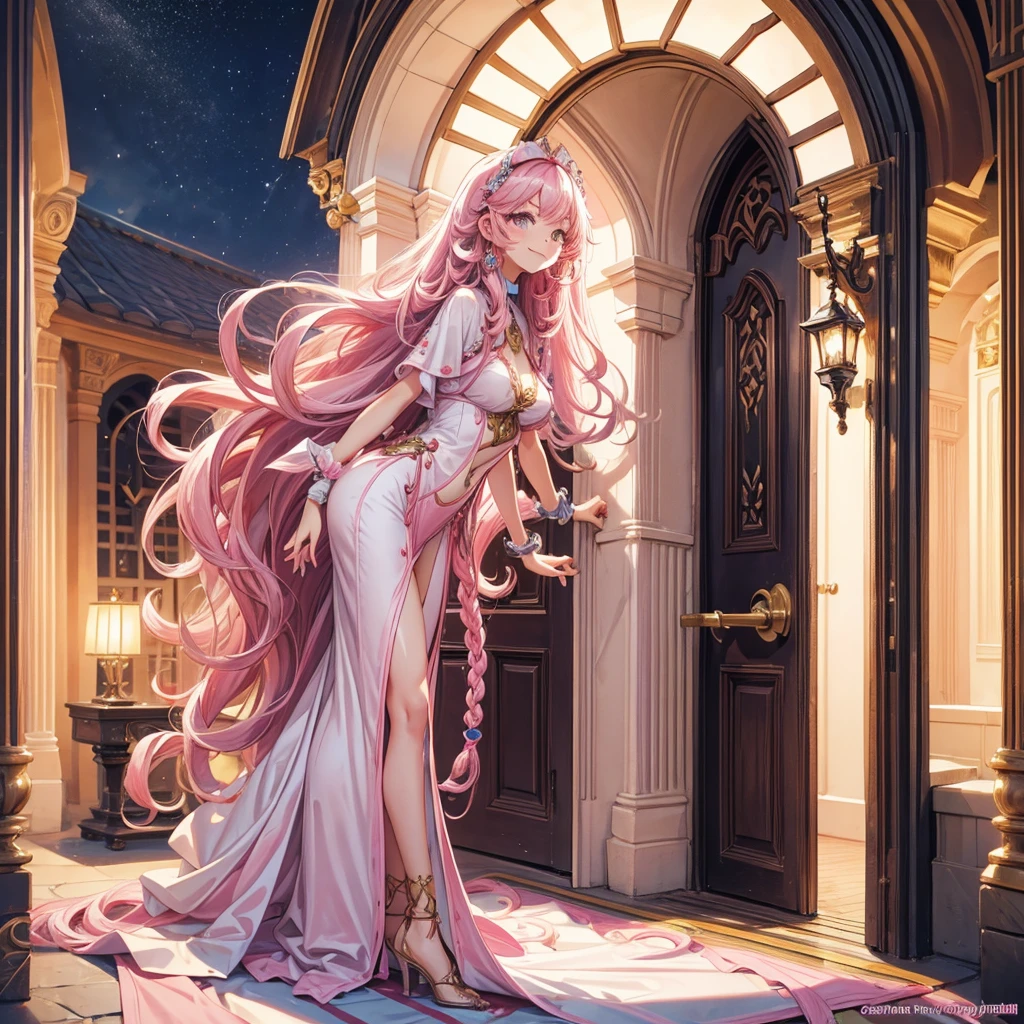 1 pink curly long hair woman, happy smile, come back home in entrance, in the nighat, masterpiece:1.3, beautiful detailed grow.
