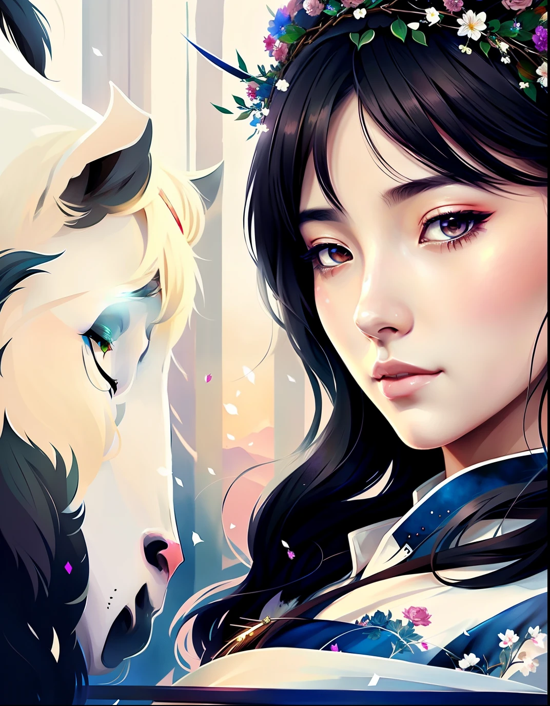 there is a woman with a flower crown on her head, Galloping on a white horse, Guweiz style artwork, A beautiful artistic illustration, Beautiful digital artwork, Beautiful digital illustrations, Alice X. zhang, Belle peinture de personnage, gorgeous digital painting, guweiz, by Yu Zhiding, beautiful digital illustration, ChineseGirl, stunning digital illustration, beautiful digital painting, gorgeous digital art